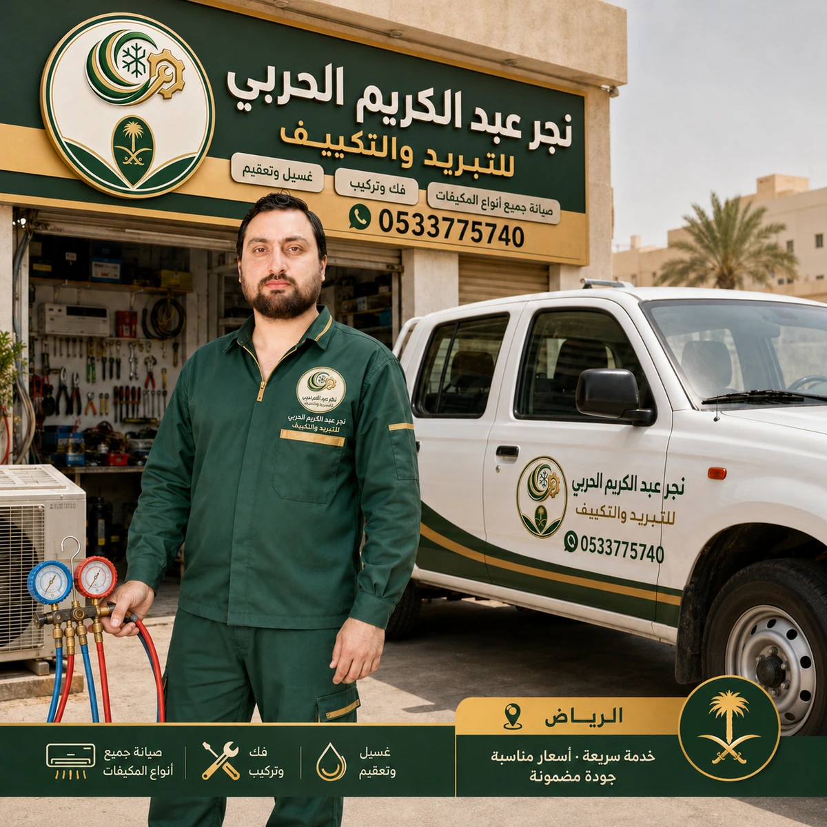 Najar Abdulkarim Al-Harbi AC technician with branded service vehicle in Riyadh